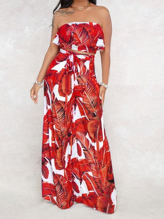 Sexy Printing Strapless Flounce Top Wide-Leg Trousers Suit