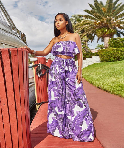 Sexy Printing Strapless Flounce Top Wide-Leg Trousers Suit