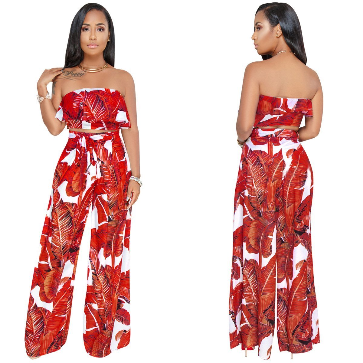 Sexy Printing Strapless Flounce Top Wide-Leg Trousers Suit