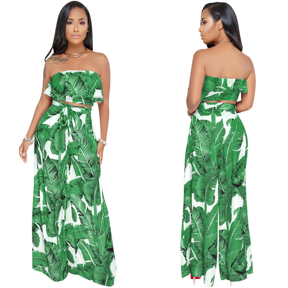 Sexy Printing Strapless Flounce Top Wide-Leg Trousers Suit