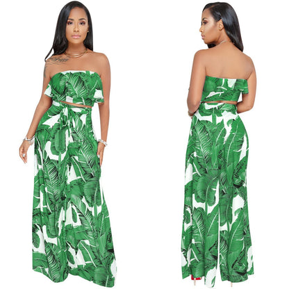 Sexy Printing Strapless Flounce Top Wide-Leg Trousers Suit