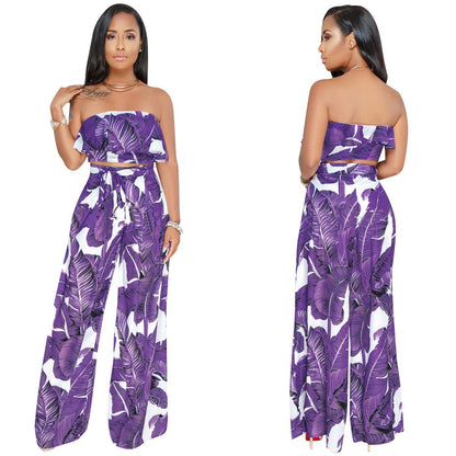 Sexy Printing Strapless Flounce Top Wide-Leg Trousers Suit