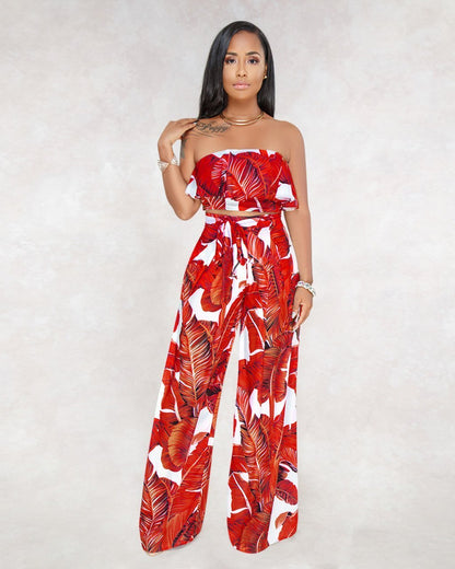 Sexy Printing Strapless Flounce Top Wide-Leg Trousers Suit
