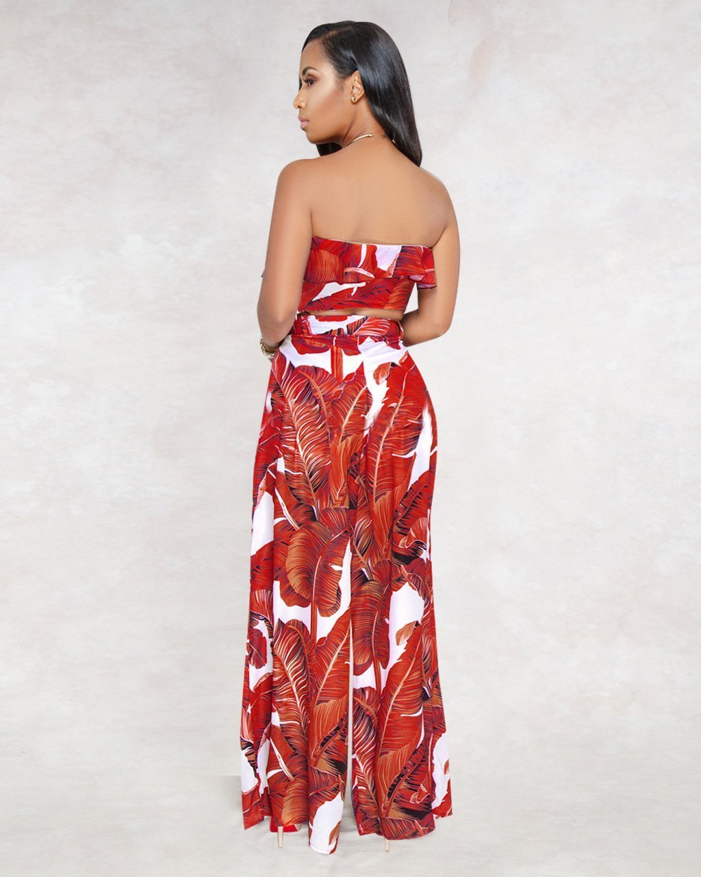 Sexy Printing Strapless Flounce Top Wide-Leg Trousers Suit