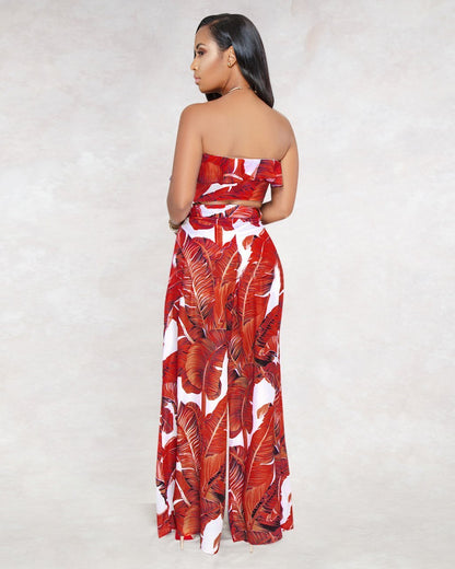 Sexy Printing Strapless Flounce Top Wide-Leg Trousers Suit