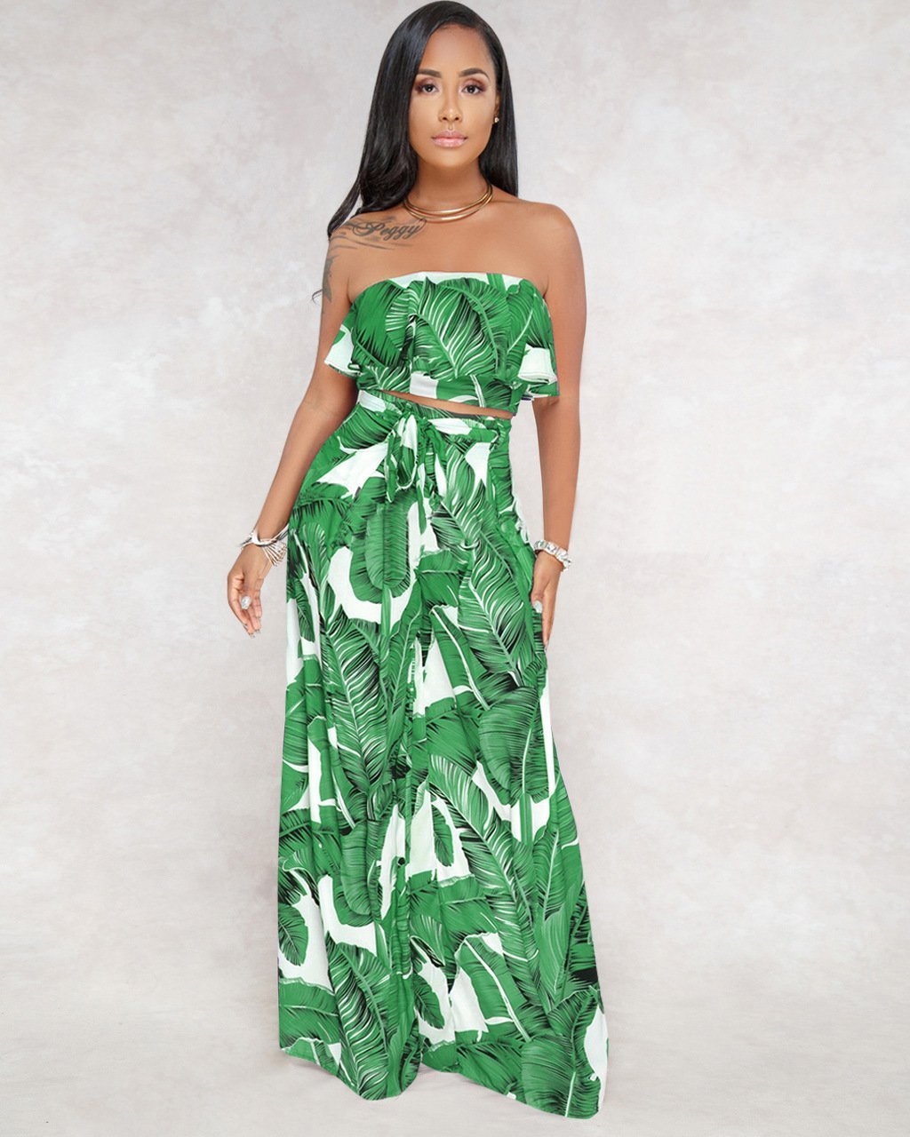 Sexy Printing Strapless Flounce Top Wide-Leg Trousers Suit