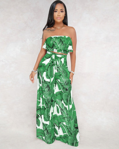 Sexy Printing Strapless Flounce Top Wide-Leg Trousers Suit