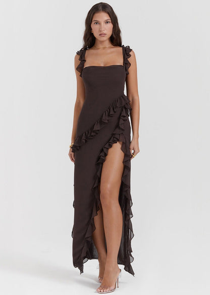 Ruffled High Slit Gown Dark Brown Satin