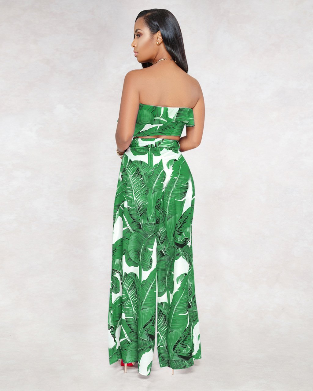 Sexy Printing Strapless Flounce Top Wide-Leg Trousers Suit