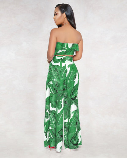 Sexy Printing Strapless Flounce Top Wide-Leg Trousers Suit