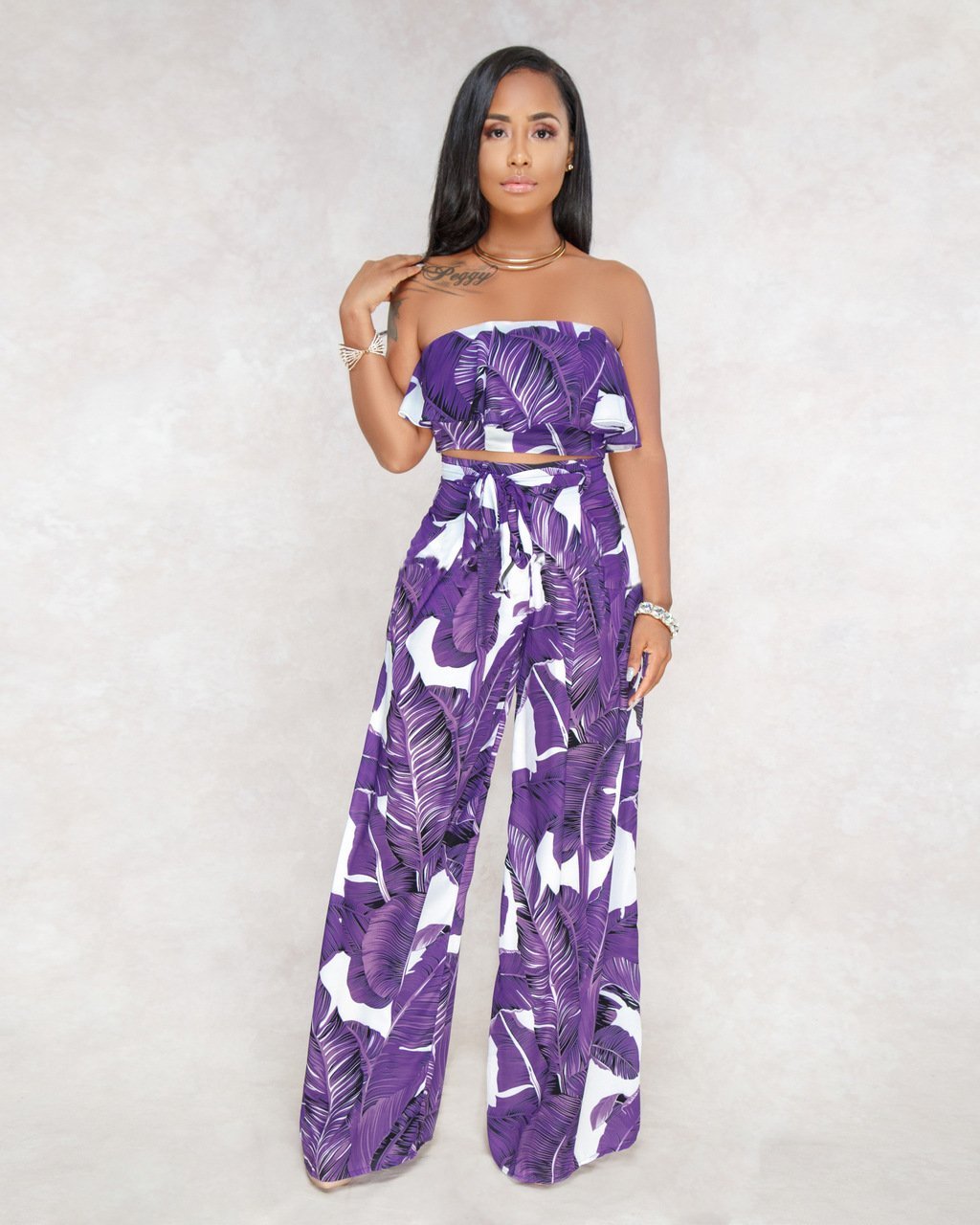 Sexy Printing Strapless Flounce Top Wide-Leg Trousers Suit