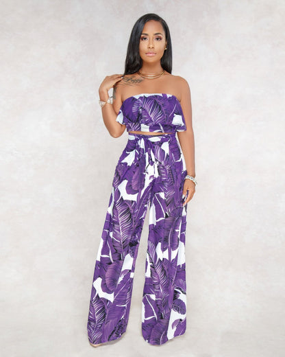 Sexy Printing Strapless Flounce Top Wide-Leg Trousers Suit
