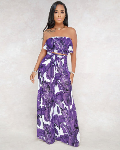 Sexy Printing Strapless Flounce Top Wide-Leg Trousers Suit
