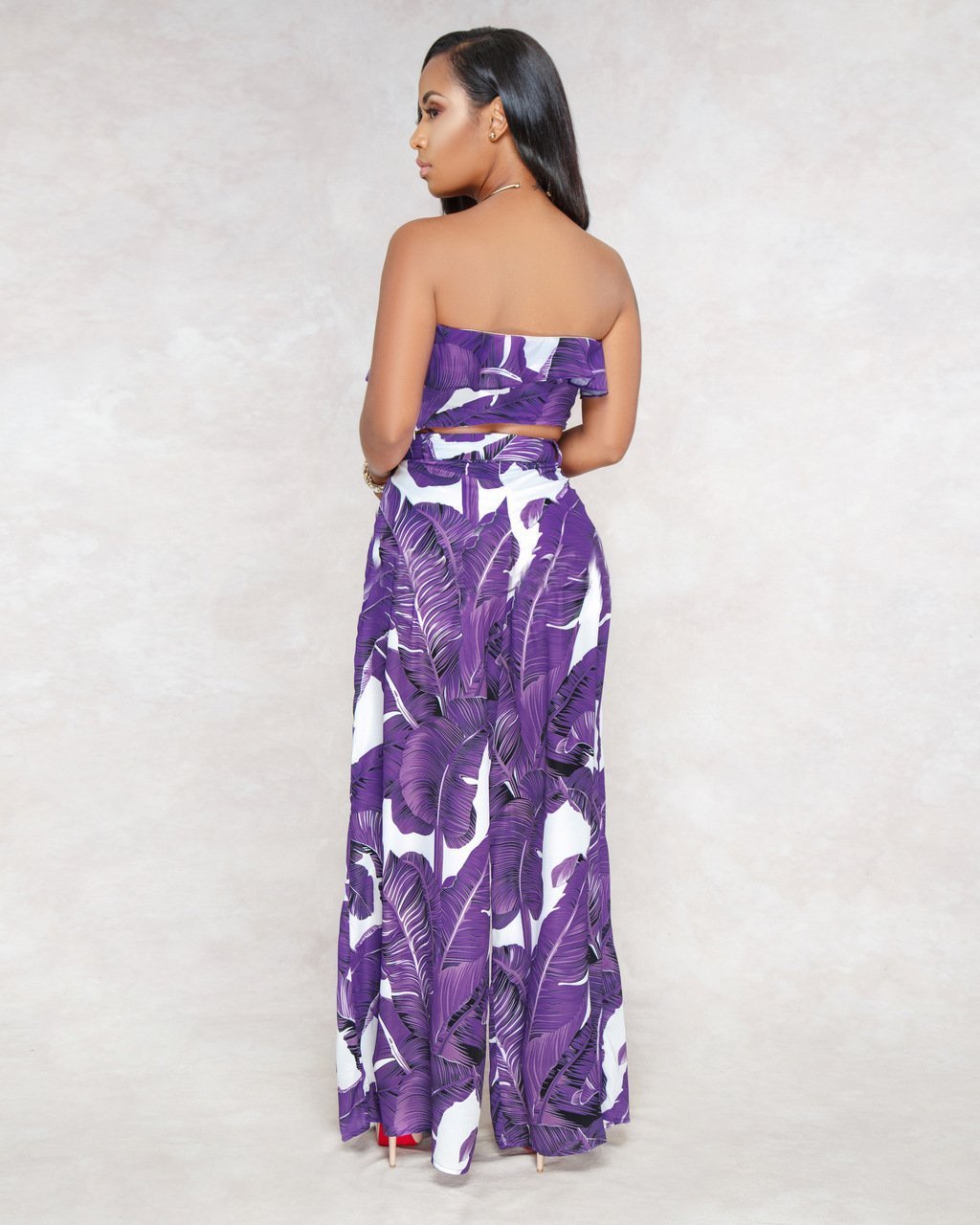 Sexy Printing Strapless Flounce Top Wide-Leg Trousers Suit