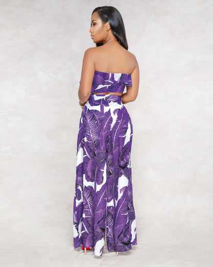 Sexy Printing Strapless Flounce Top Wide-Leg Trousers Suit