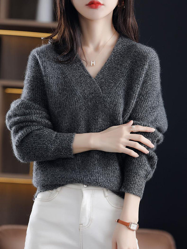Loose Long Sleeves Solid Color V-Neck Sweater Tops