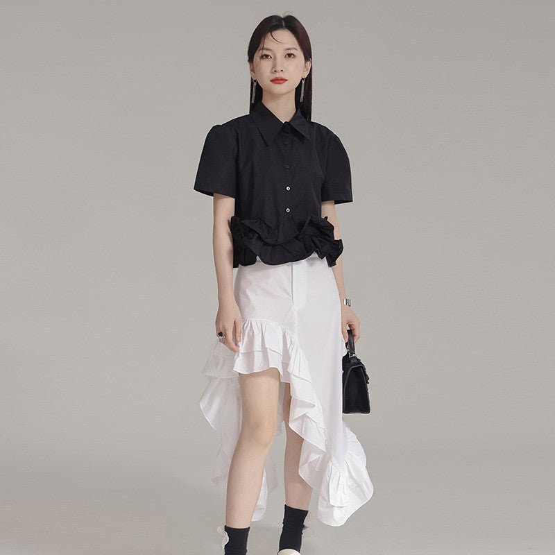 Pleated Ruffled Lapel Long Sleeve Blouse
