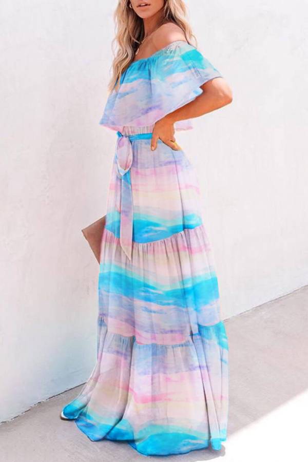 Chest Wrap Printed Full Skirt Dress
