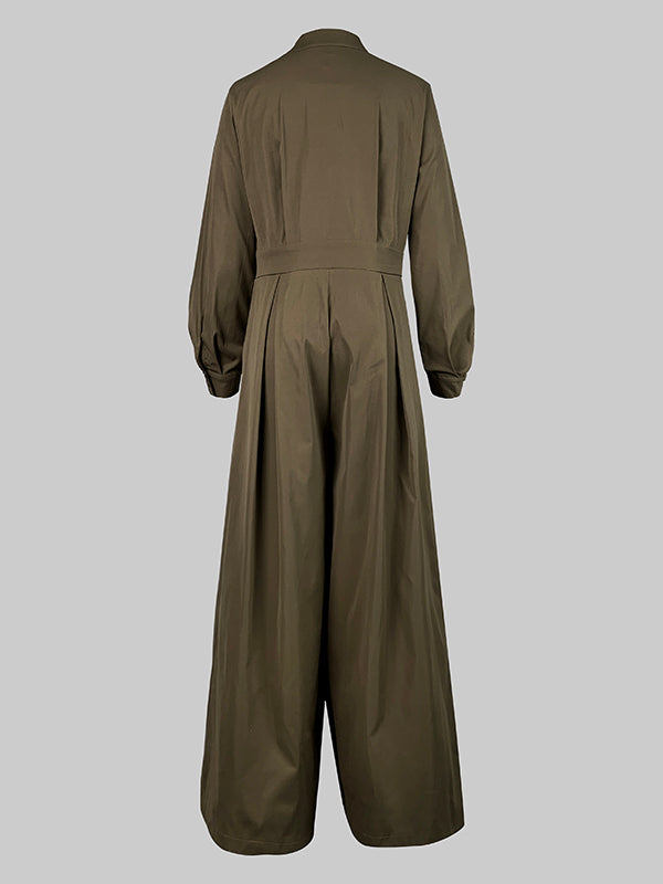 Long Sleeves Loose Buttoned No Belt Solid Color V-Neck Jumpsuits