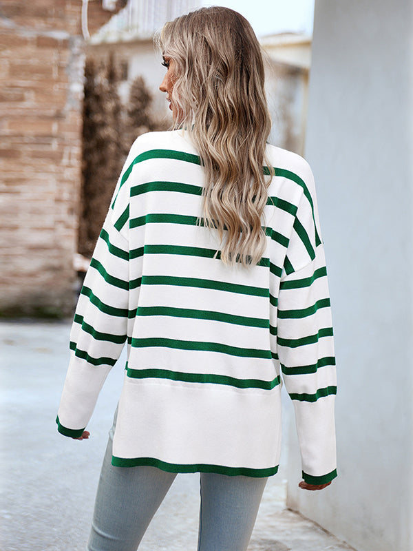 Loose Wrap Contrast Color Split-Side Striped High-Neck Sweater Tops