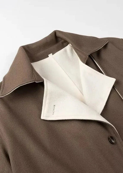 Long Woolen Coat Brown Classic Lapel Design