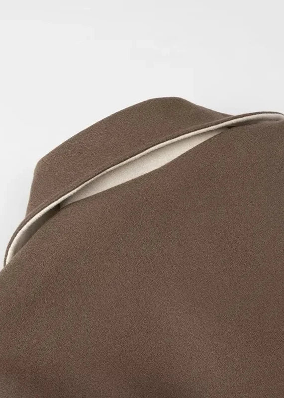 Long Woolen Coat Brown Classic Lapel Design