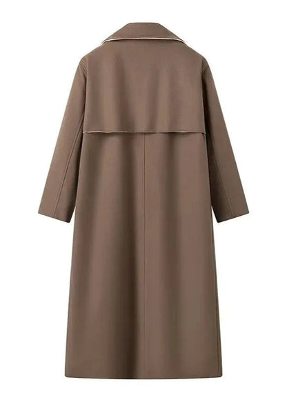 Long Woolen Coat Brown Classic Lapel Design