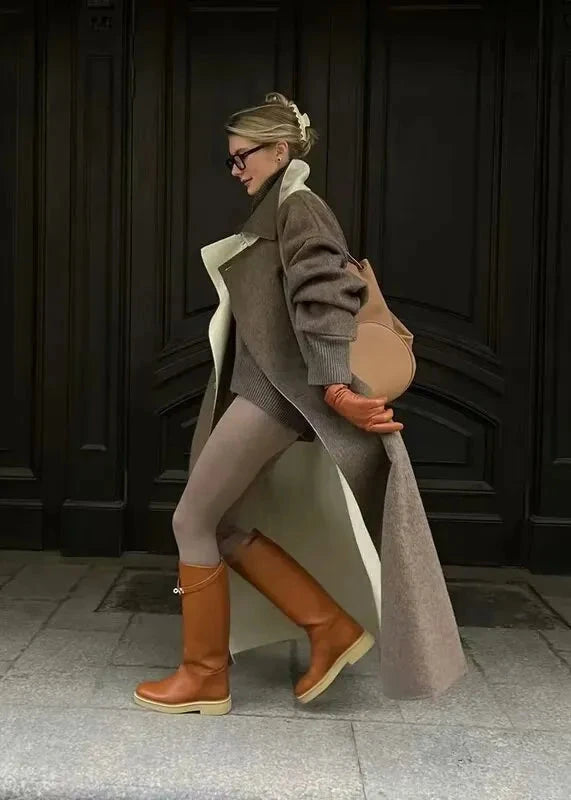 Long Woolen Coat Brown Classic Lapel Design