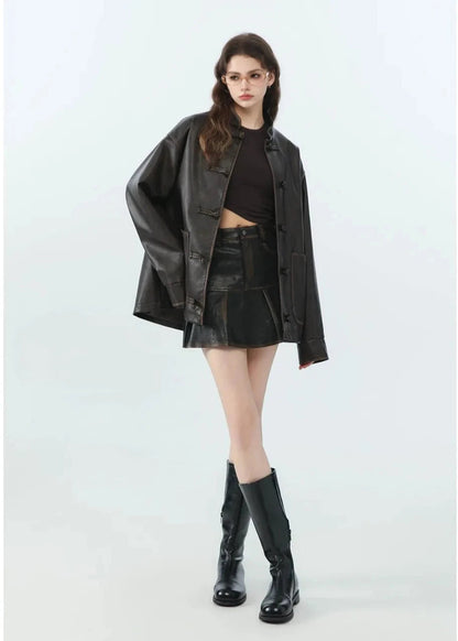Loose PU Leather Jacket with Stand Collar