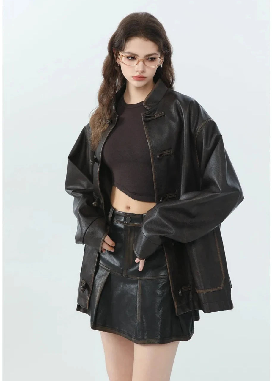 Loose PU Leather Jacket with Stand Collar