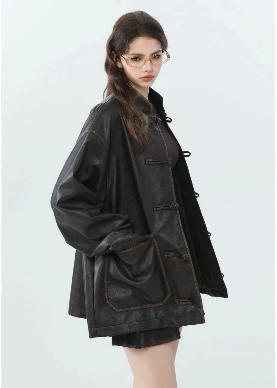 Loose PU Leather Jacket with Stand Collar
