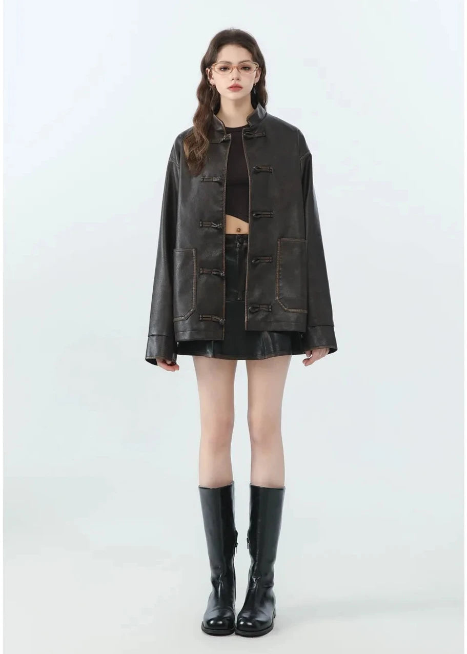 Loose PU Leather Jacket with Stand Collar