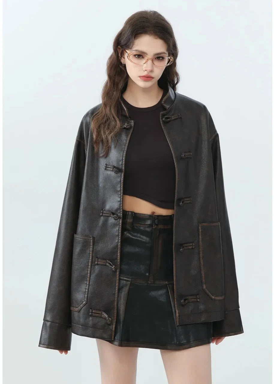 Loose PU Leather Jacket with Stand Collar