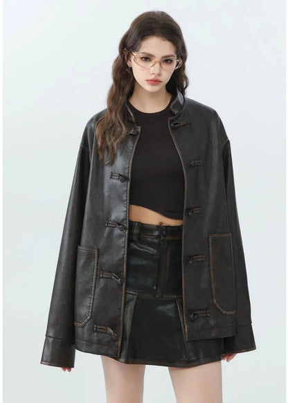 Loose PU Leather Jacket with Stand Collar