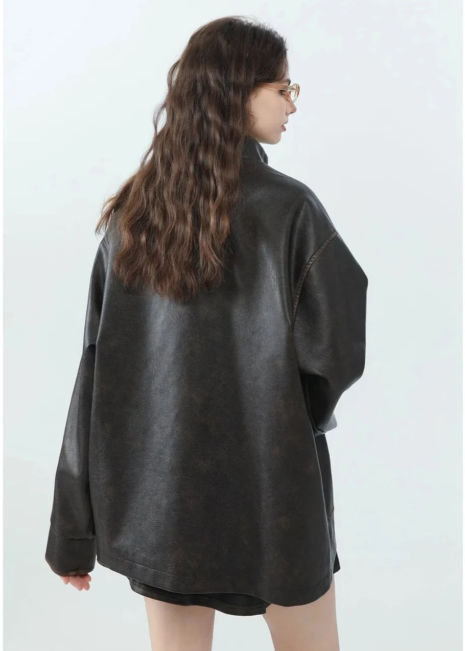 Loose PU Leather Jacket with Stand Collar