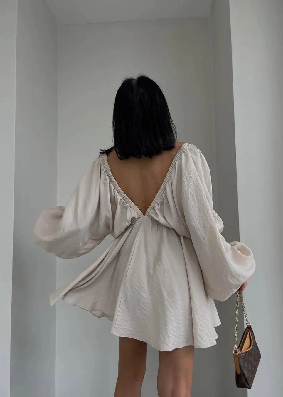 Lantern Sleeve V Neck Dress In Soft Fabric