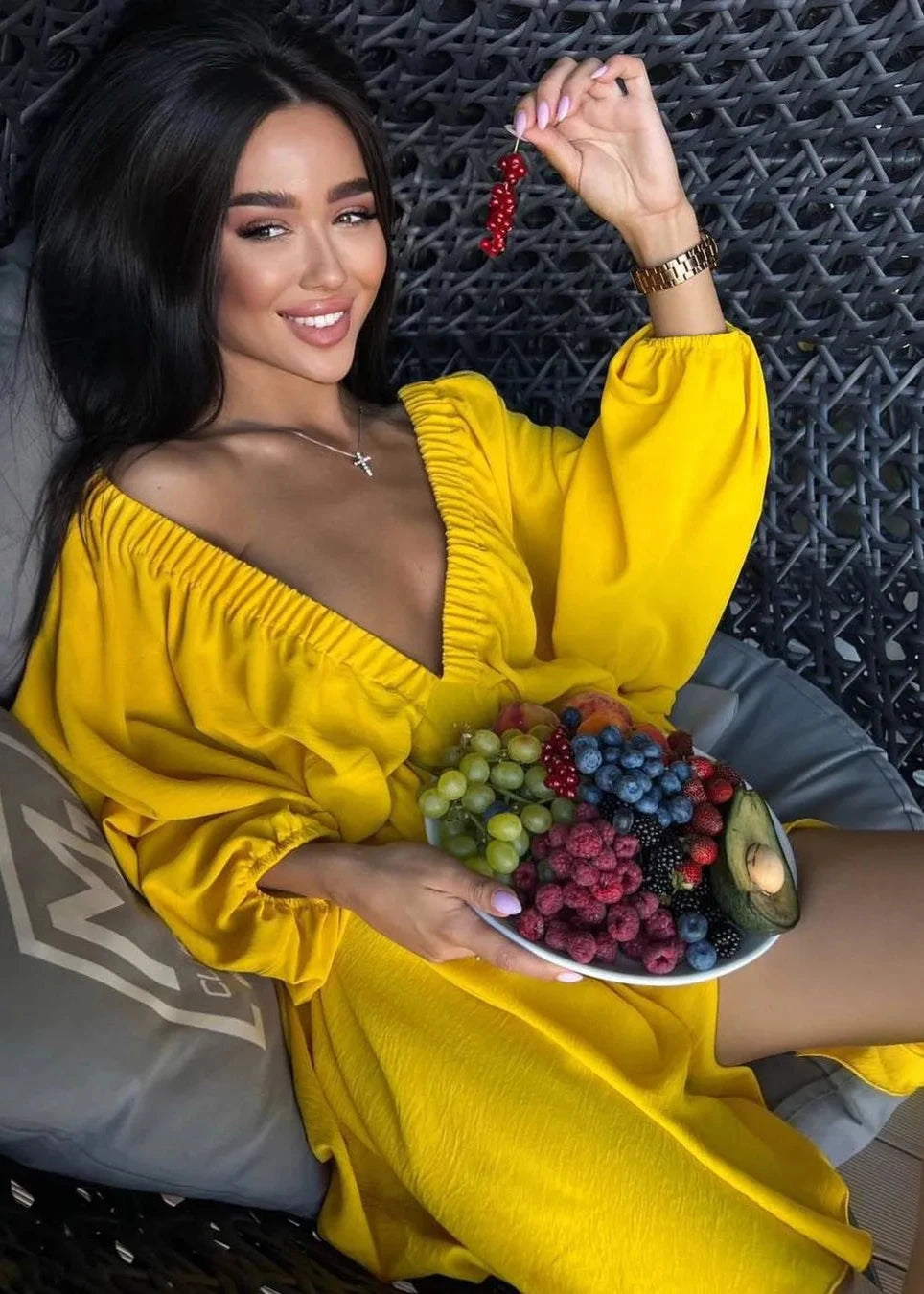 V Neck Lantern Sleeve Dress In Premium Fabric