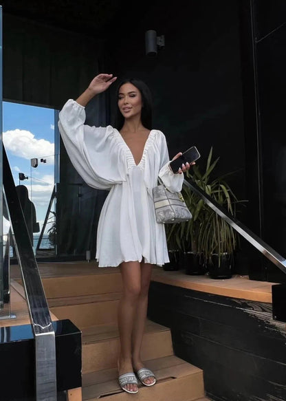 V Neck Lantern Sleeve Dress In Premium Fabric