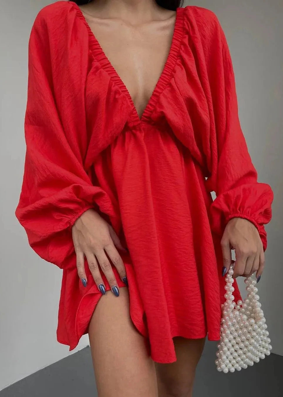 V Neck Lantern Sleeve Dress In Premium Fabric