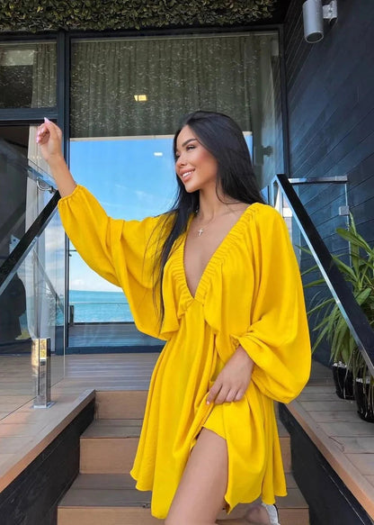 V Neck Lantern Sleeve Dress In Premium Fabric