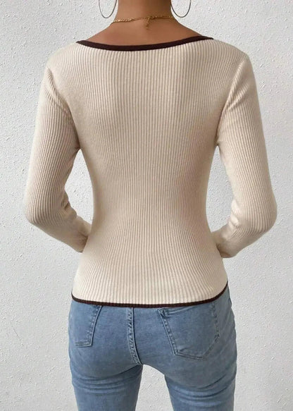 Ribbed Knit V Neck Sweater with Contrast Trim