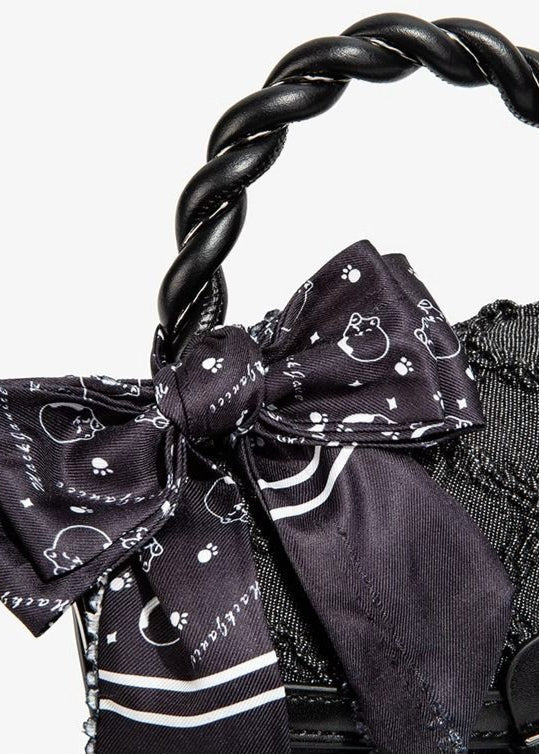 Textured Faux Leather Mini Handbag With Printed Bow