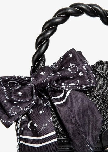 Textured Faux Leather Mini Handbag With Printed Bow