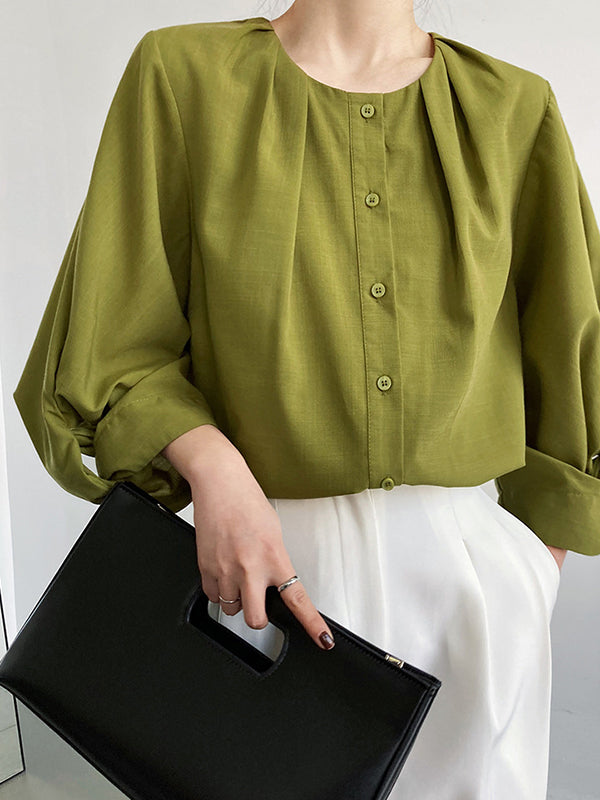 High-Low Loose Pleated See-Through Solid Color Split-Joint Round-Neck Blouses