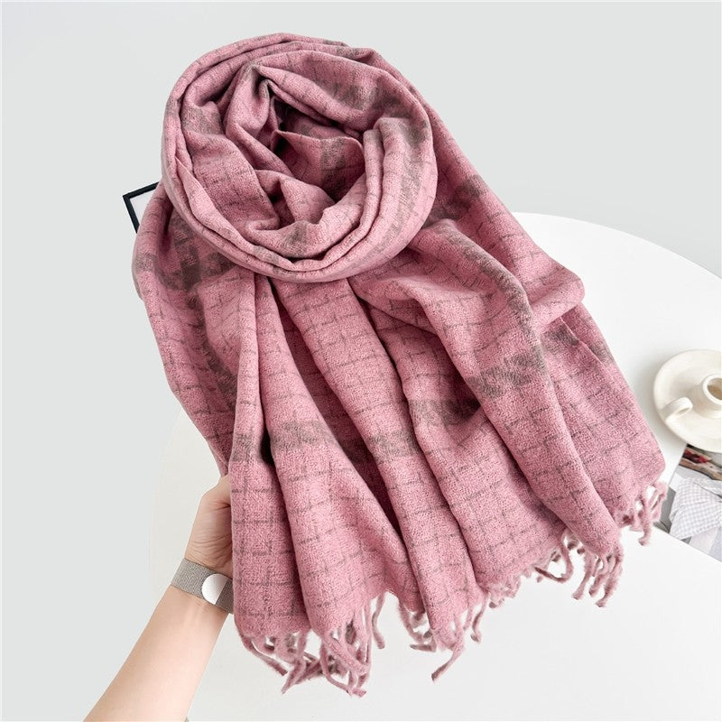 Color Block Plaid Fringe Scarf