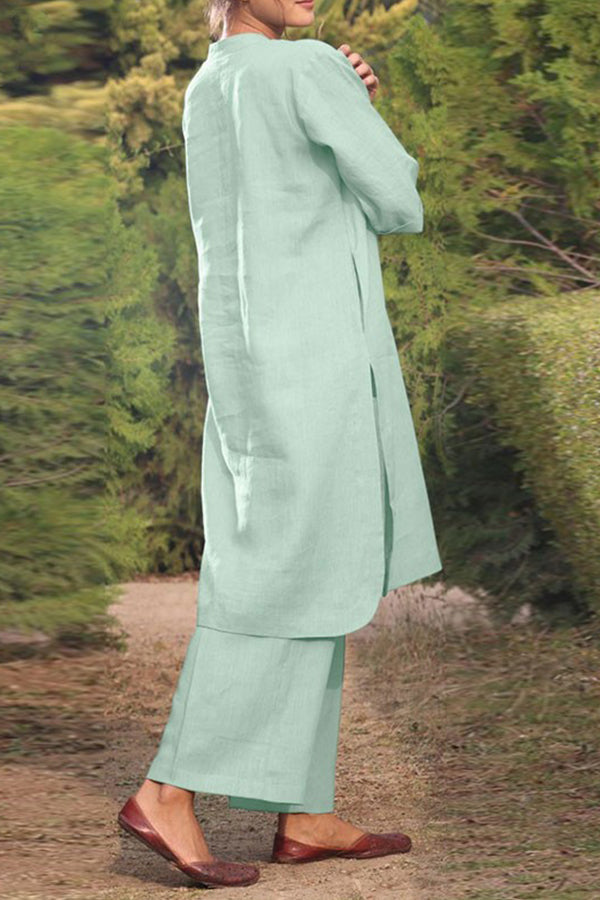 Cotton and linen V-neck 3\/4 sleeve wide brimmed pants 2-piece set