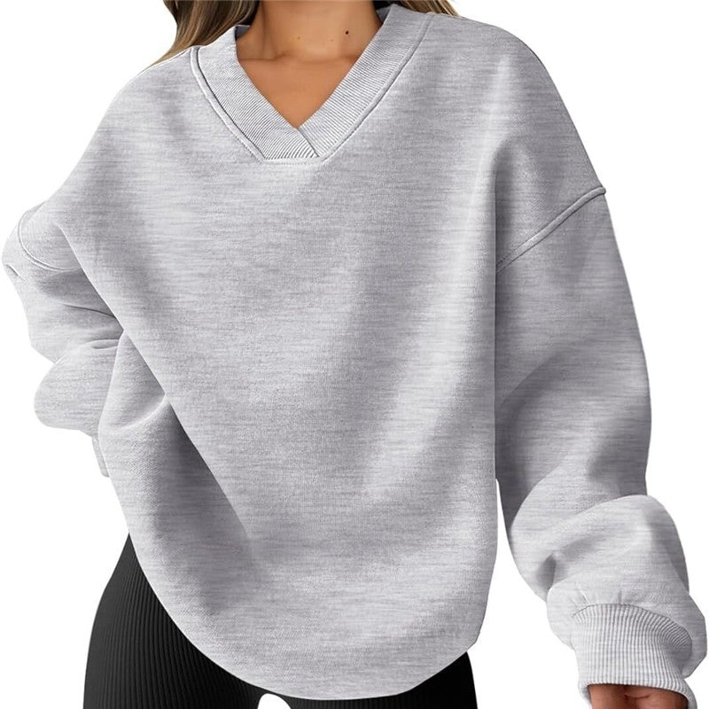 Solid Color Loose V-Neck Pullover Sweatshirt