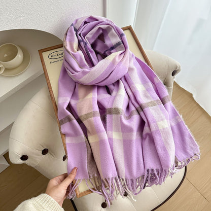 Scarvii - Reversible Color-Block Plaid Scarf with Fringe