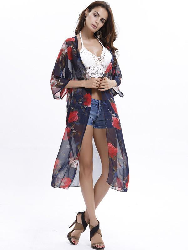 Elegant 3/4 Sleeve Beach Long Shawl Cover-Up Tops