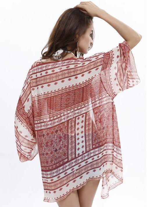 Popular 3/4 Sleeve Printed Shirt Shawl Cover-Up Tops